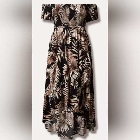 torrid Dresses & Skirts - torrid Black Maxi Dress with Taupe Leaf Print Off-Shoulder